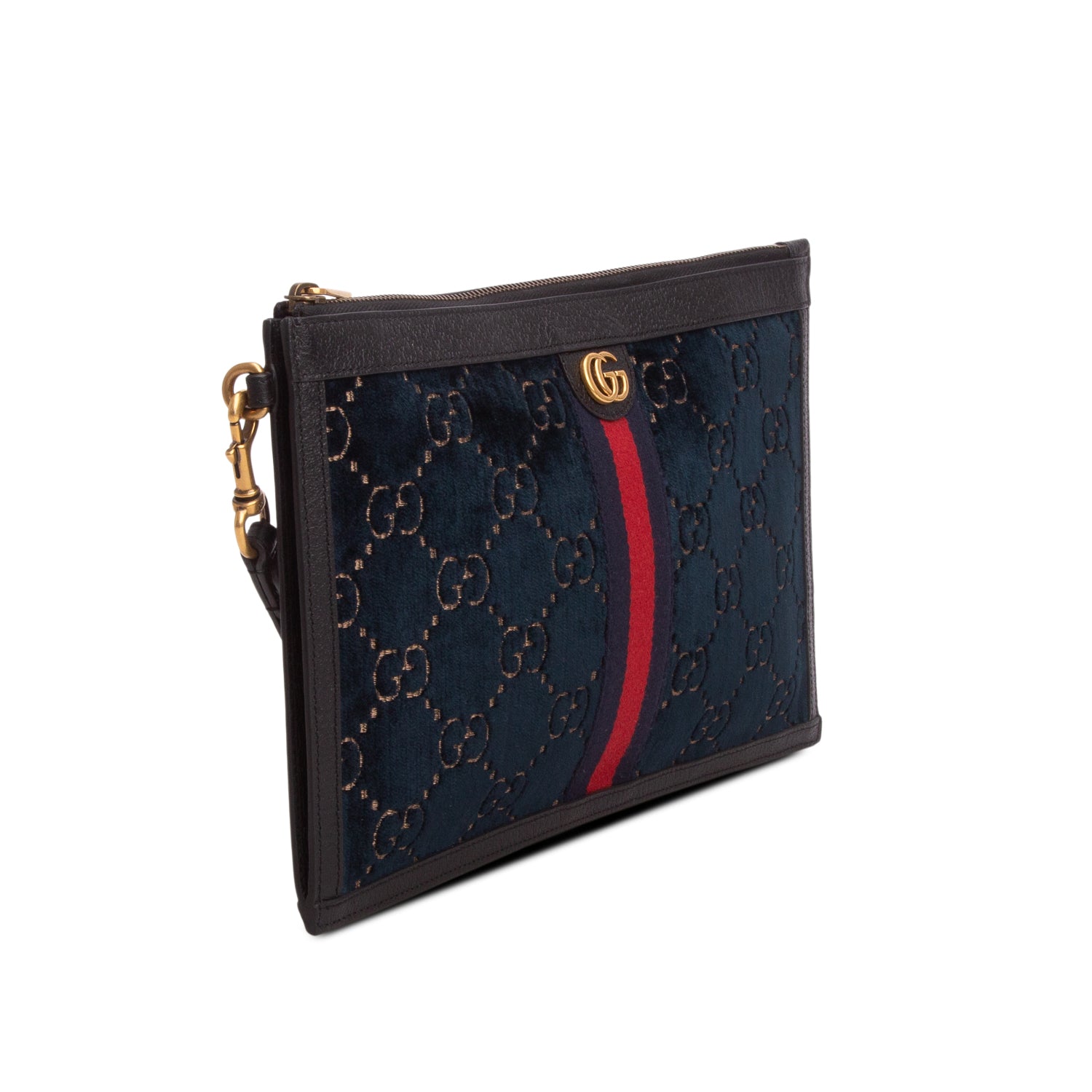 Gucci Black Velvet GG Monogram Textured Calfskin Web Ophidia Wristlet