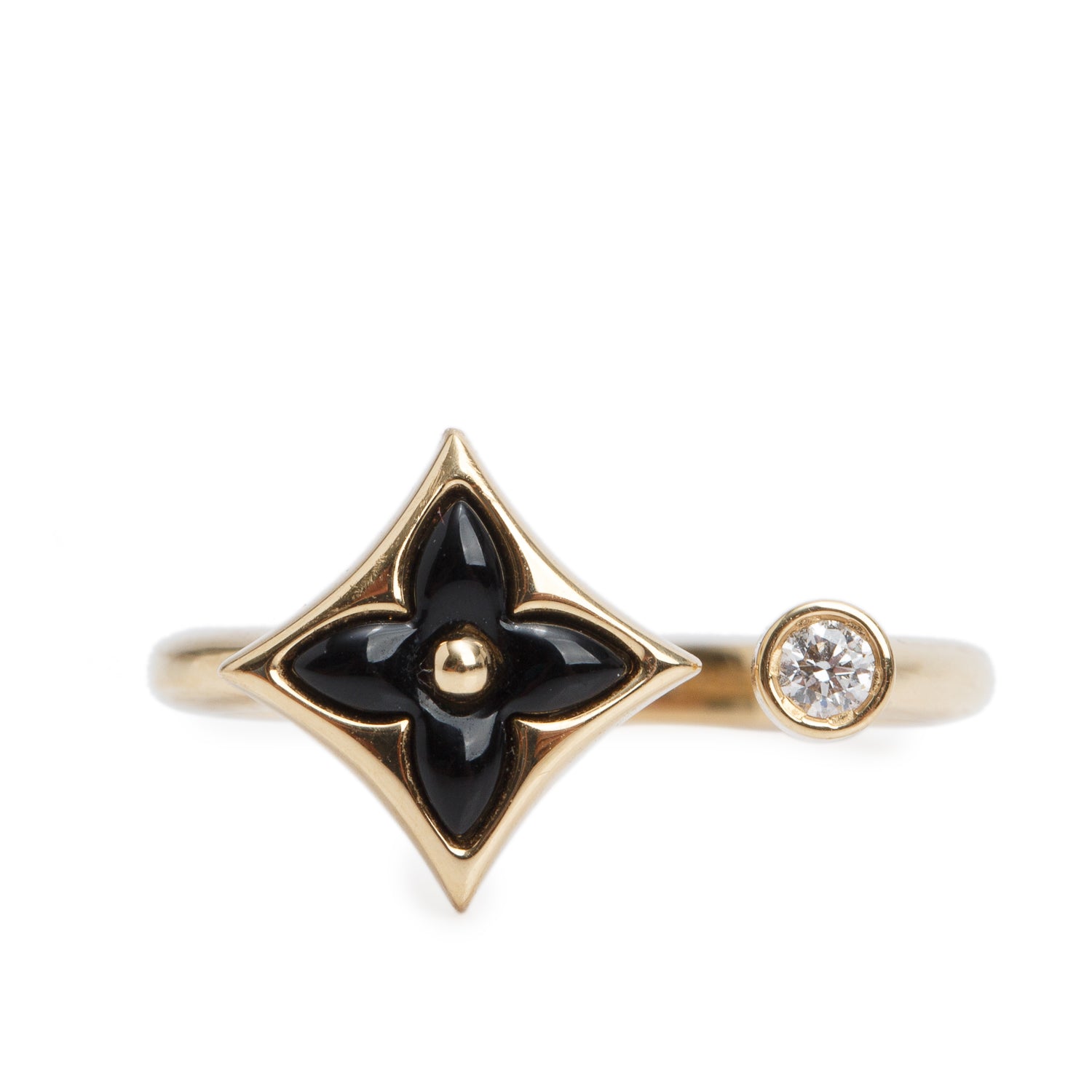 Louis Vuitton 18k Yellow Gold Diamond & Onyx Mini Star Blossom Ring, Size 53 6.75