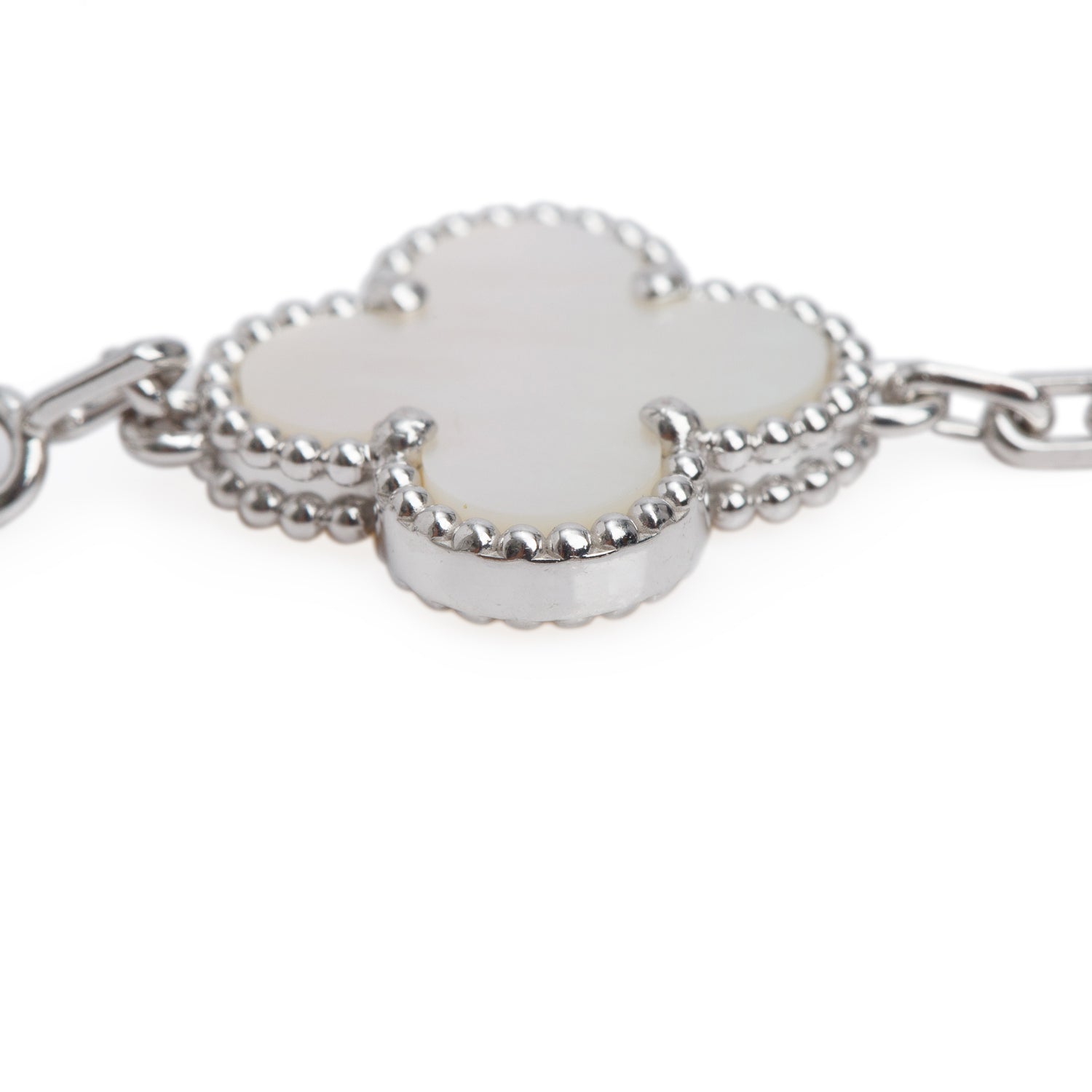 Van Cleef & Arpels 2025 18k White Gold Vintage Alhambra 5 Motif Mother of Pearl Bracelet w/ Box & Receipt