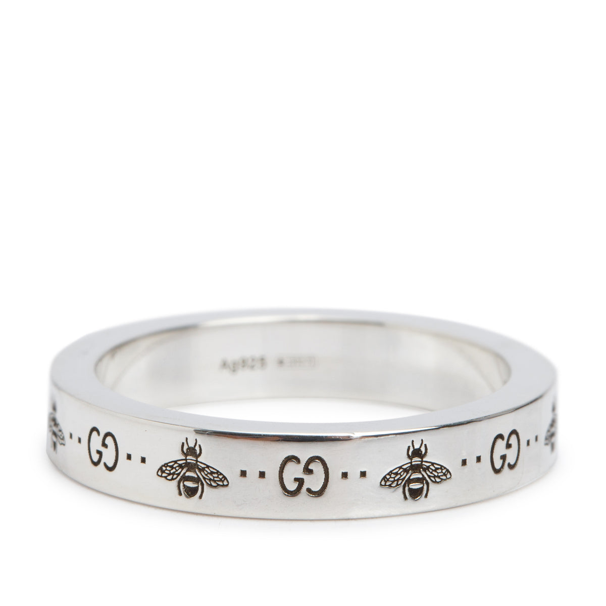 Gucci Sterling Silver GG And Bee Engraved 4 MM Band Ring, Size 20 9