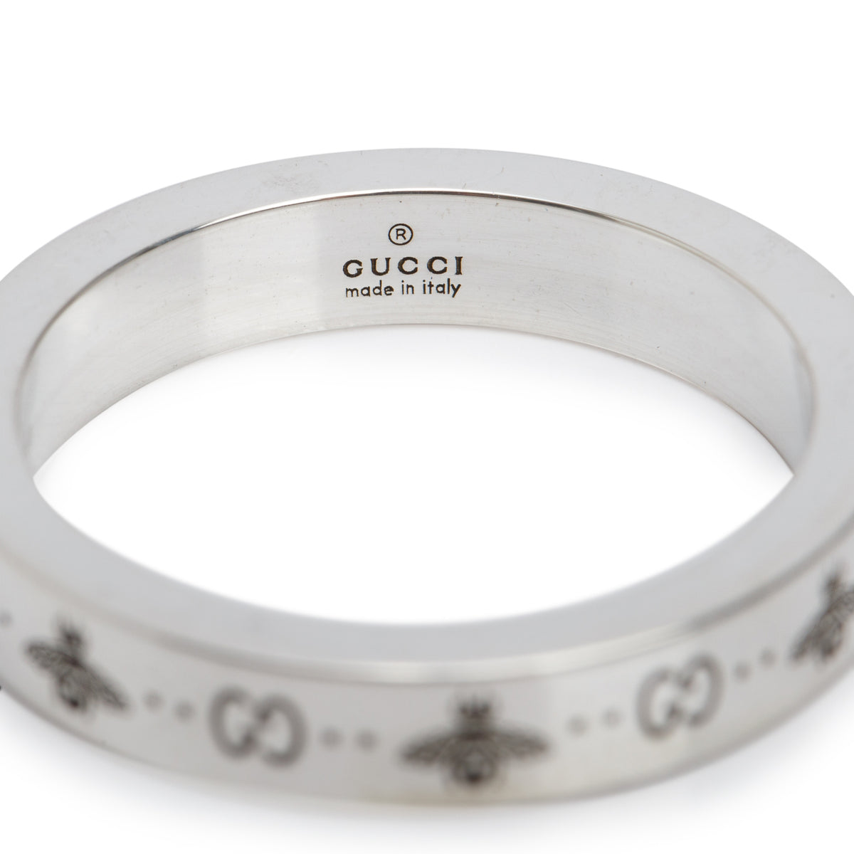 Gucci Sterling Silver GG And Bee Engraved 4 MM Band Ring, Size 20 9