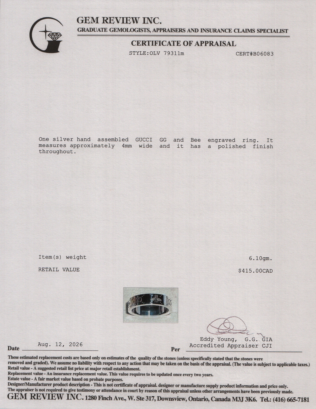 Gucci Sterling Silver GG And Bee Engraved 4 MM Band Ring, Size 20 9