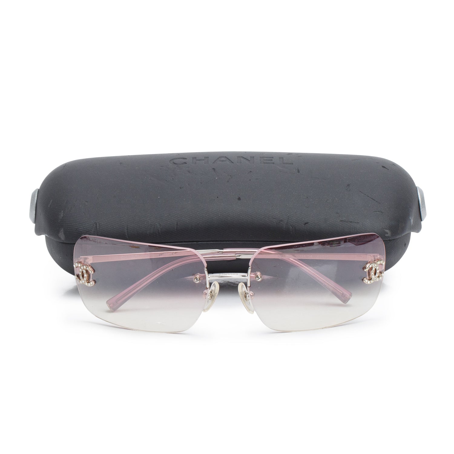 Chanel 4017-D Pink Rimless Crystal CC Logo Square Sunglasses w/ Case