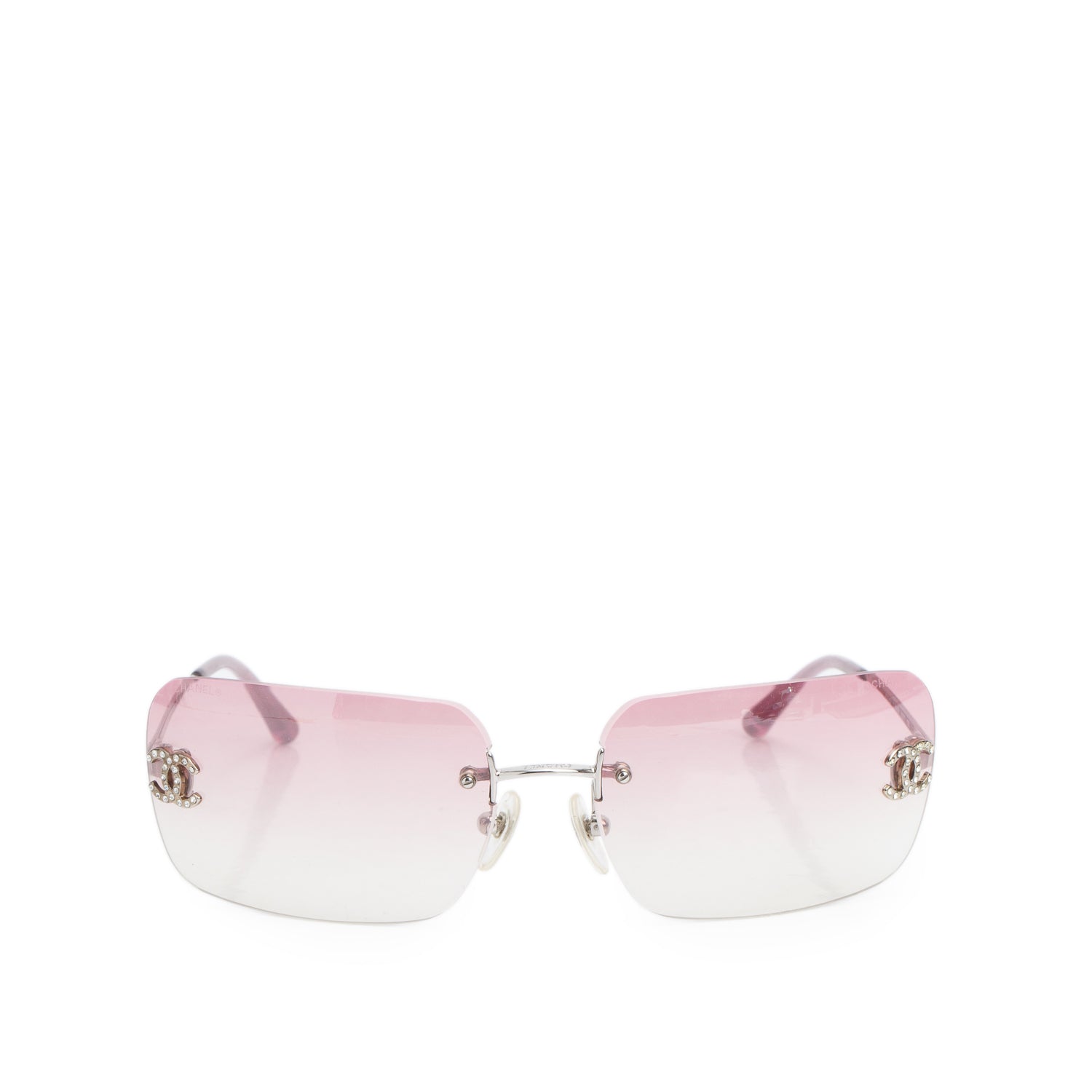 Chanel 4017-D Pink Rimless Crystal CC Logo Square Sunglasses w/ Case
