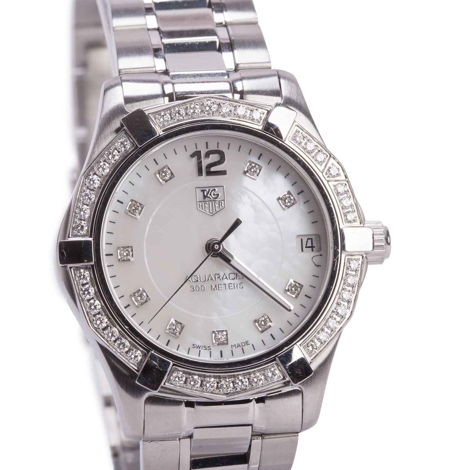 Tag Heuer Stainless Steel Diamond Bezel Aquaracer 32 MM Quartz Watch Mother of Pearl Diamond Dial WAF1313 w/ Box & Papers