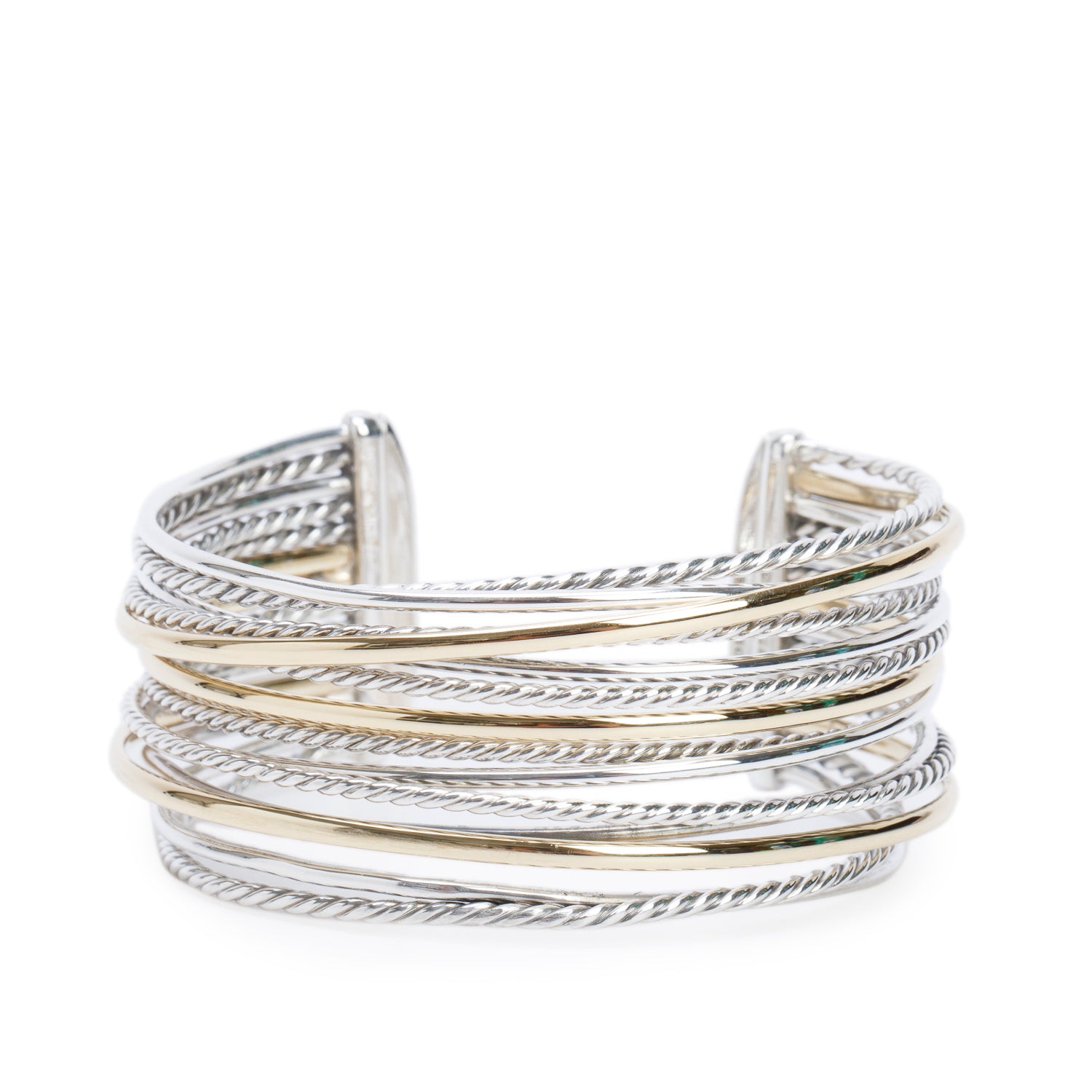 David Yurman Sterling Silver & 18k Yellow Gold 27.5 MM Crossover Cuff Bracelet w/ Box