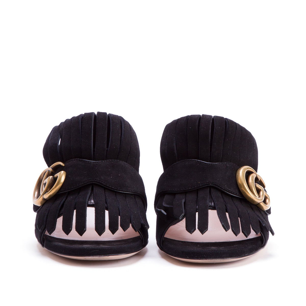 Gucci Black Kid Scamosciato GG Marmont Fringe 75mm Slide Sandals, Women's Size 37