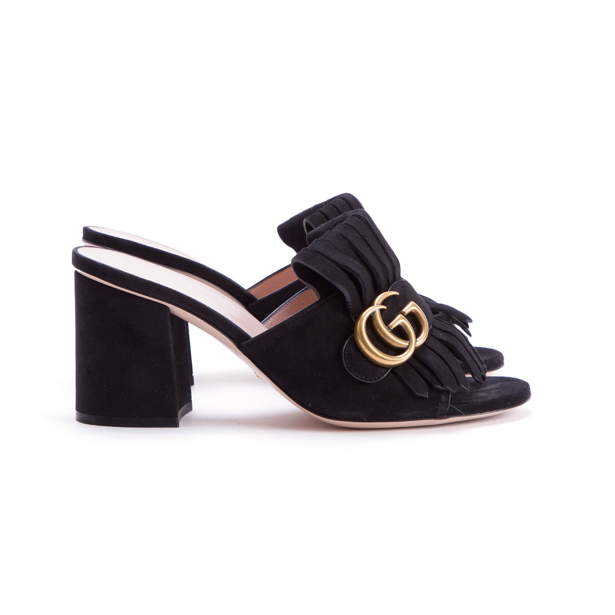 Gucci Black Kid Scamosciato GG Marmont Fringe 75mm Slide Sandals, Women's Size 37