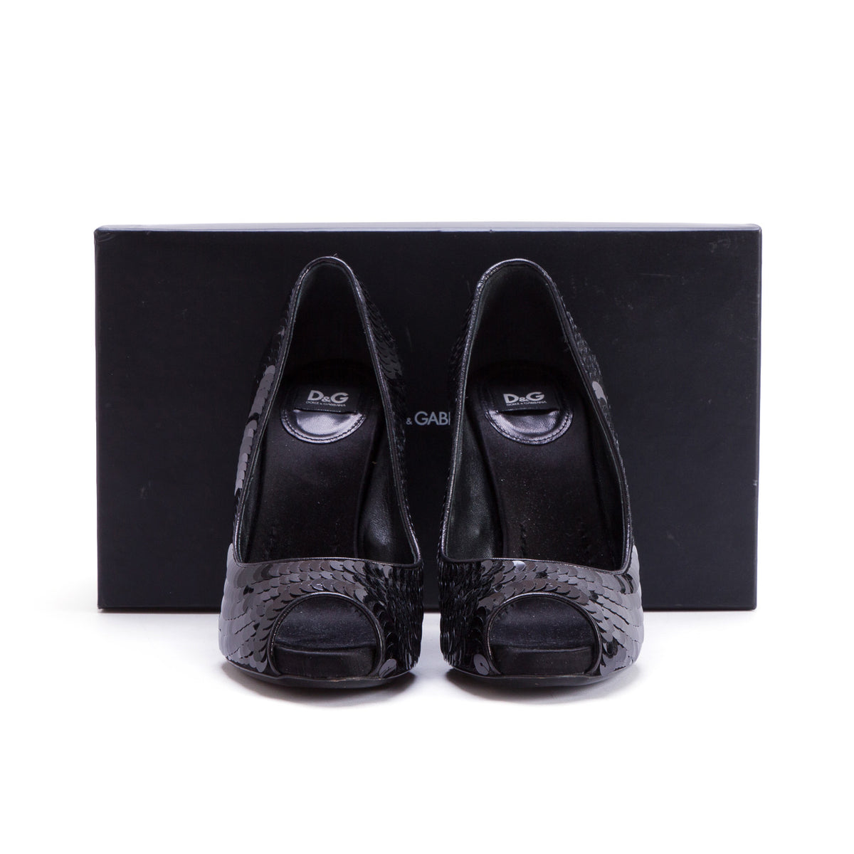 Dolce & Gabbana Black Sequin Peep Toe Pumps, Women's Size 37.5 w/ Box