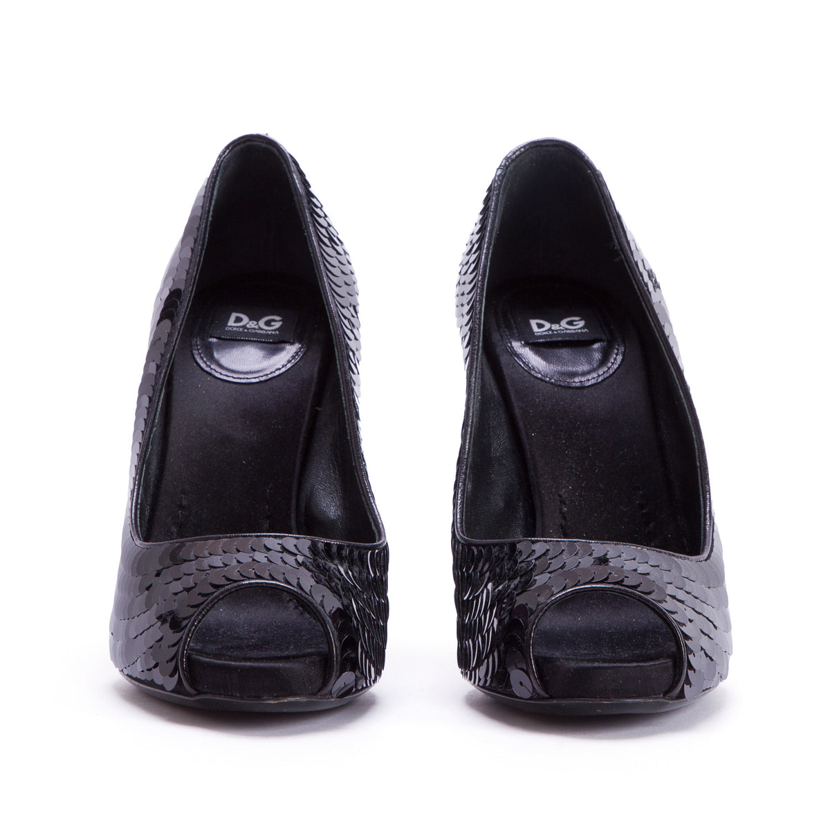 Dolce & Gabbana Black Sequin Peep Toe Pumps, Women's Size 37.5 w/ Box