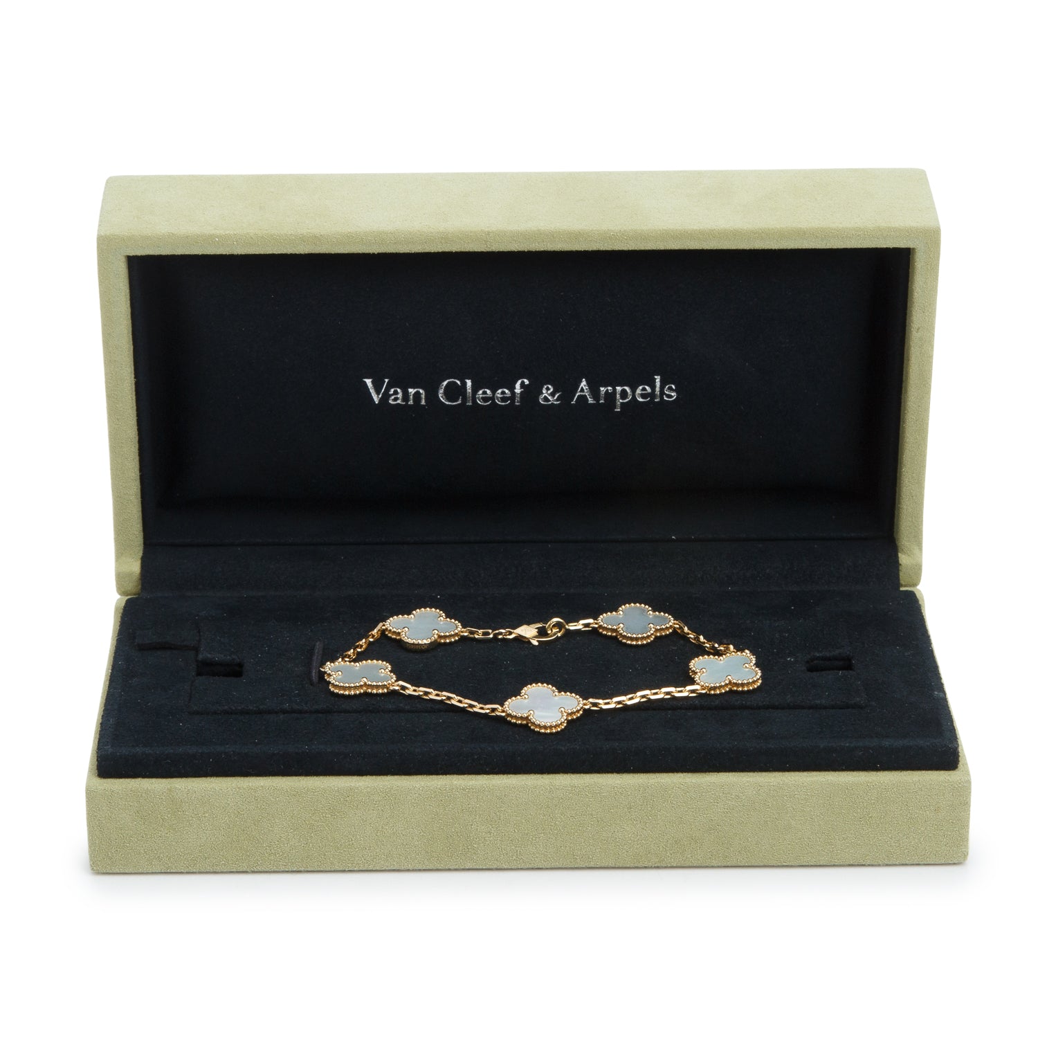 Van Cleef & Arpels 2025 18k Yellow Gold Vintage Alhambra 5 Motif Mother of Pearl Bracelet w/ Box