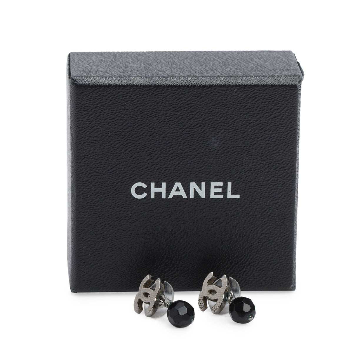 Chanel Ruthenium Plated Black Resin CC Drop Earrings w/ Box