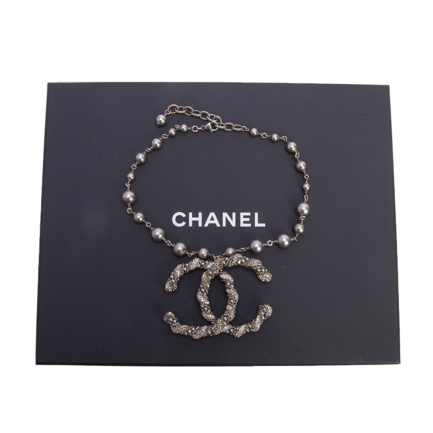 Chanel Palladium Plated & Strass Large Strass CC Pendant Necklace w/ Box