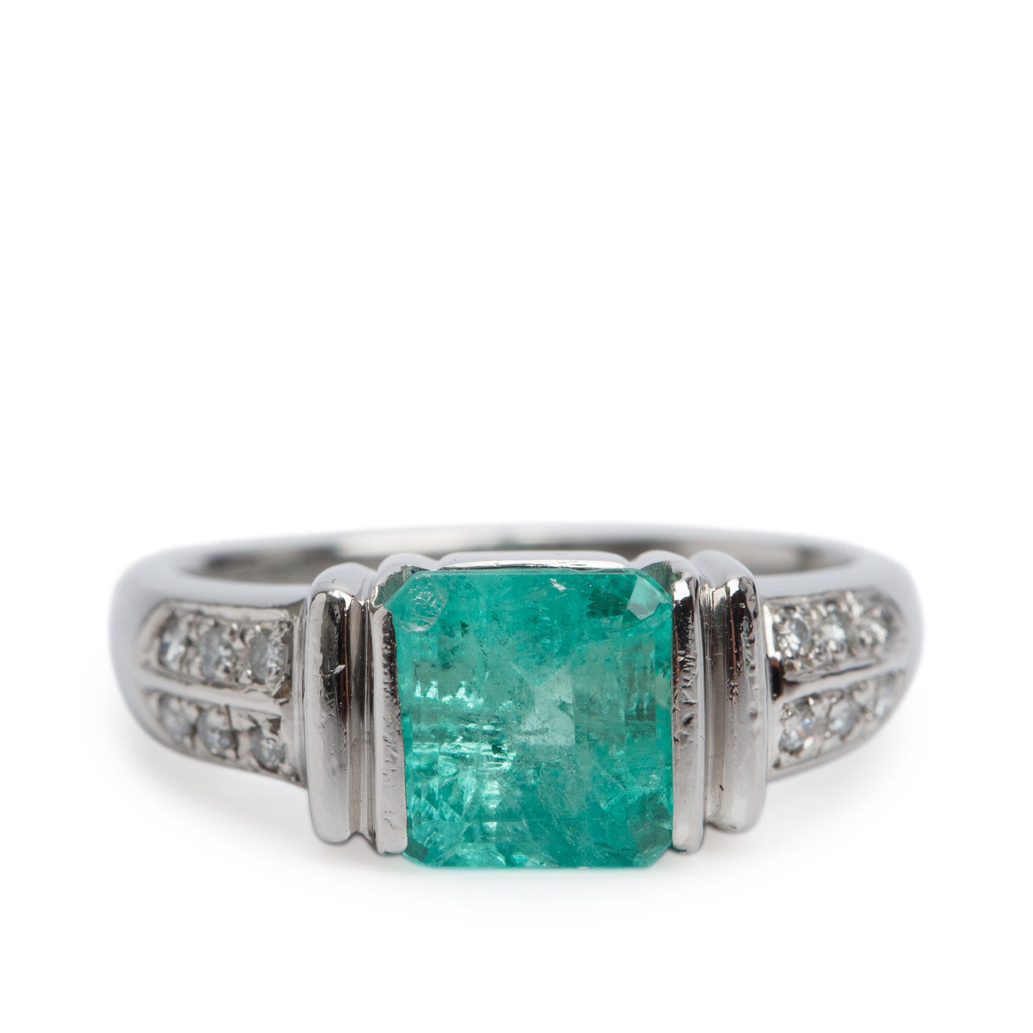 Platinum Emerald & Diamond Cocktial Ring, Size 6