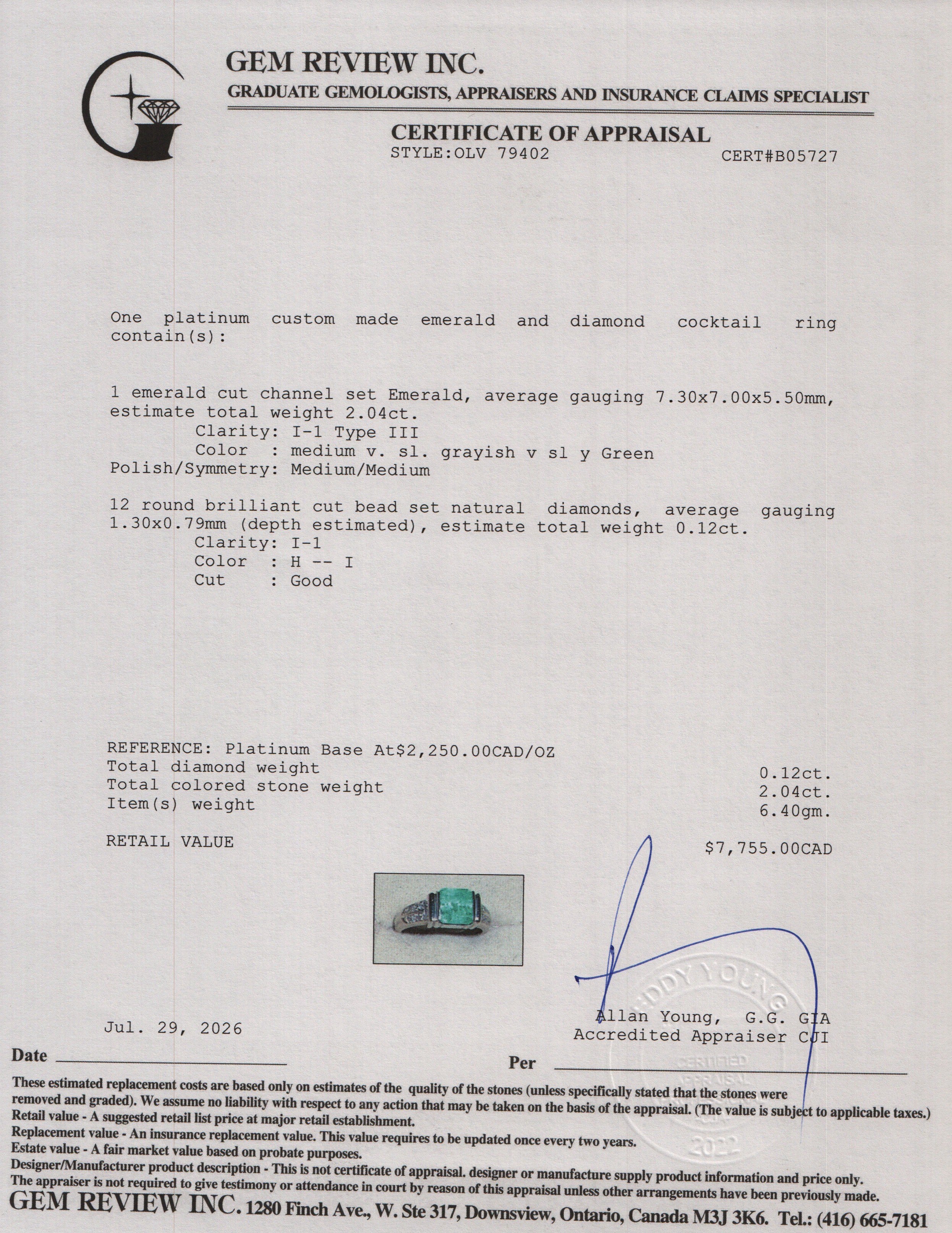 Platinum Emerald & Diamond Cocktial Ring, Size 6