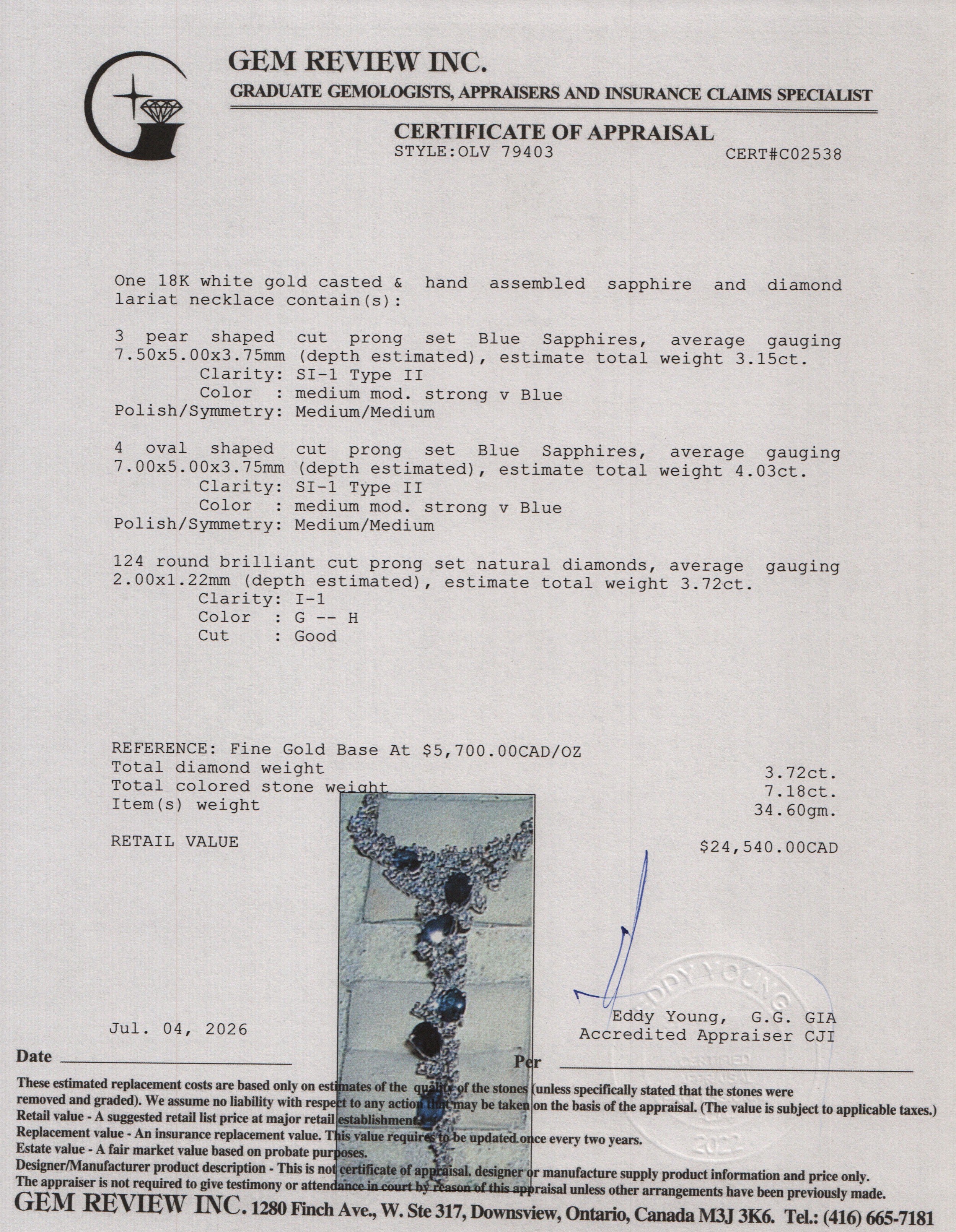 18k White Gold Blue Sapphire and Diamond Lariat Necklace