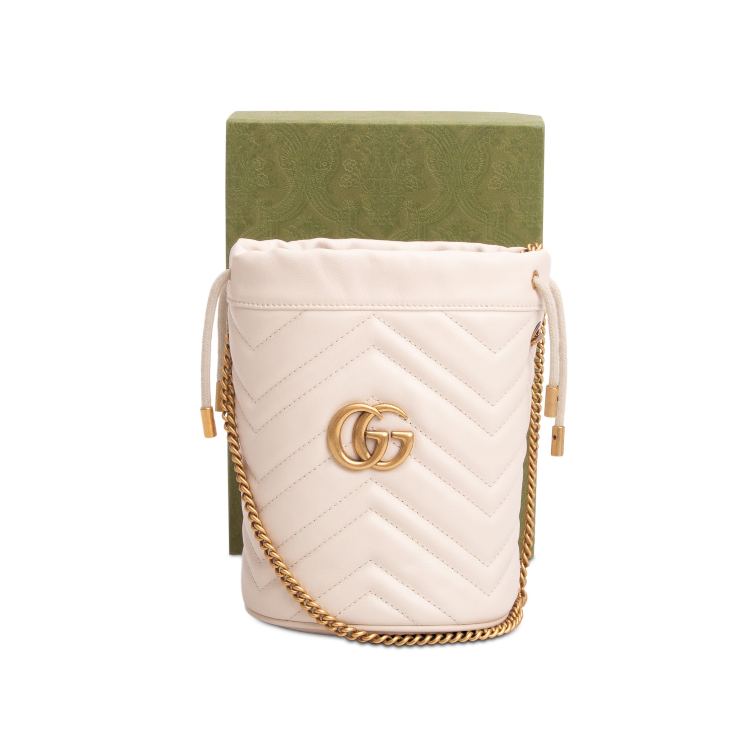 Gucci Cream Calfskin Leather GG Marmont Mini Bucket Bag w/ Box