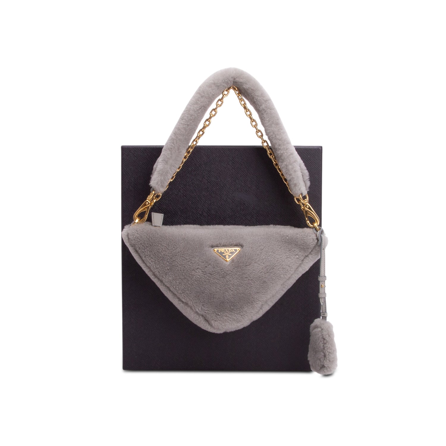 Prada Grey Shearling Symbole Mini Triangle Bag w/ Box & Straps