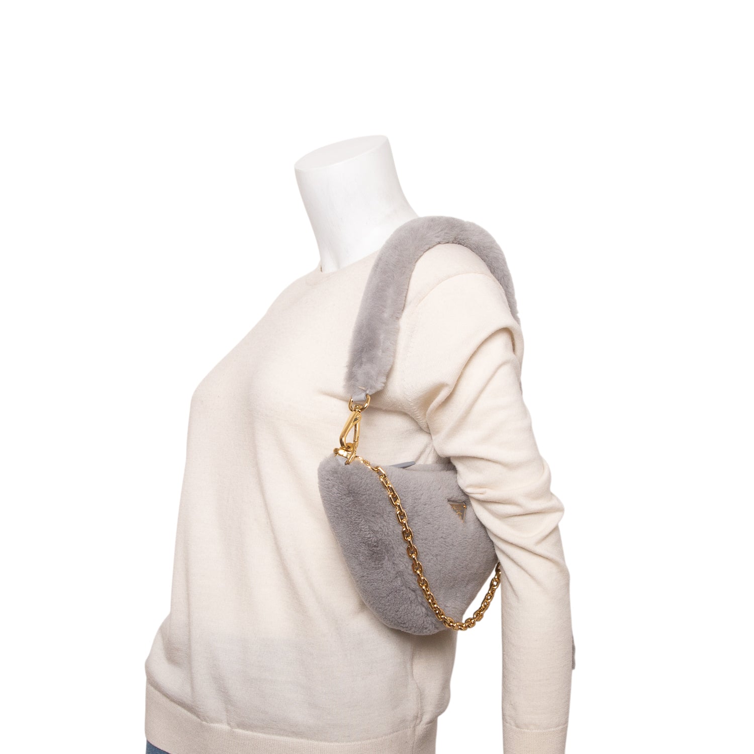 Prada Grey Shearling Symbole Mini Triangle Bag w/ Box & Straps