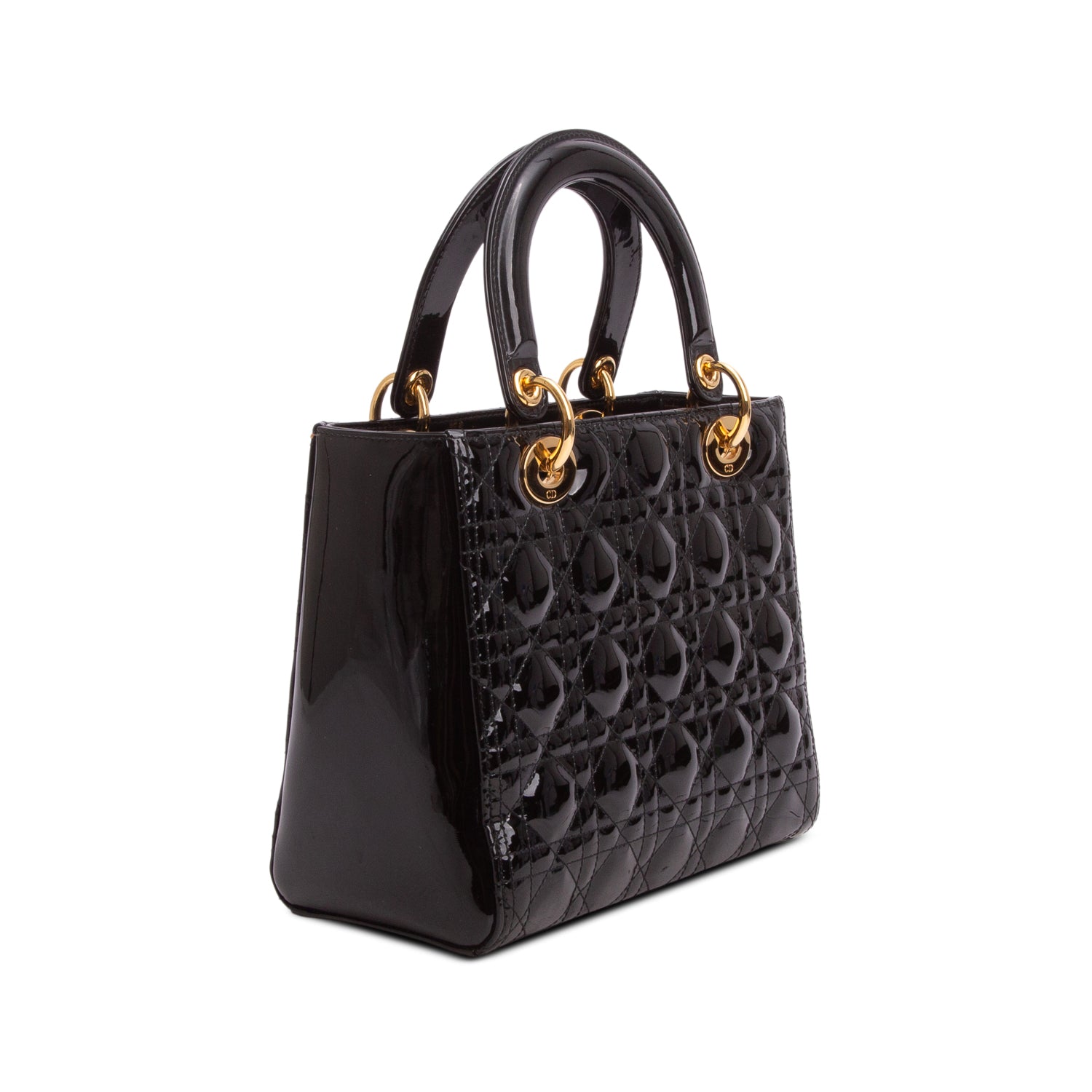 Christian Dior Black Cannage Patent Leather Medium Lady Dior Bag w/ Authenticity Card