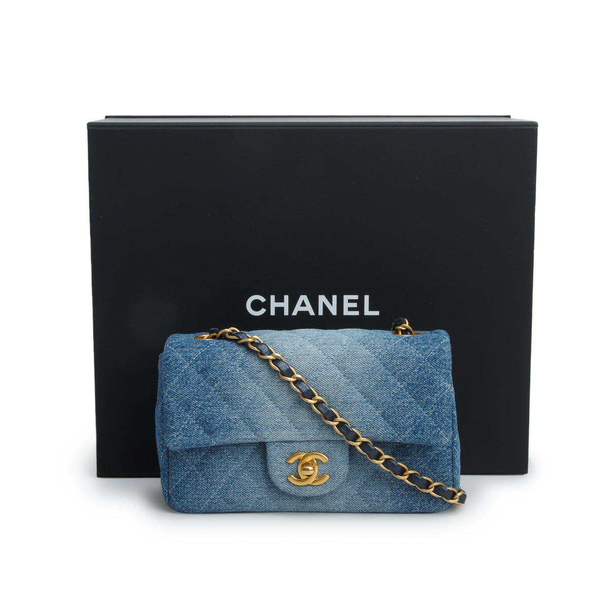 Chanel Blue Washed Denim Quilted Mini Rectangular Flap w/ Box