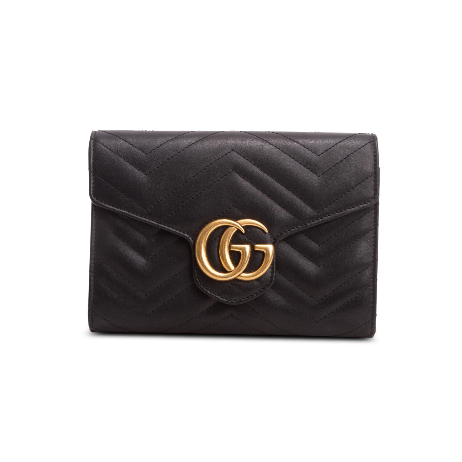 Gucci Black Calfskin Matelasse GG Marmont Wallet on Chain w/ Box