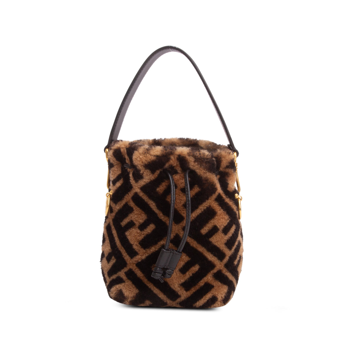 Fendi Brown Shearling Vitello Dolce F is Fendi Macro FF 1974 Mini Mon Tresor Bucket Bag