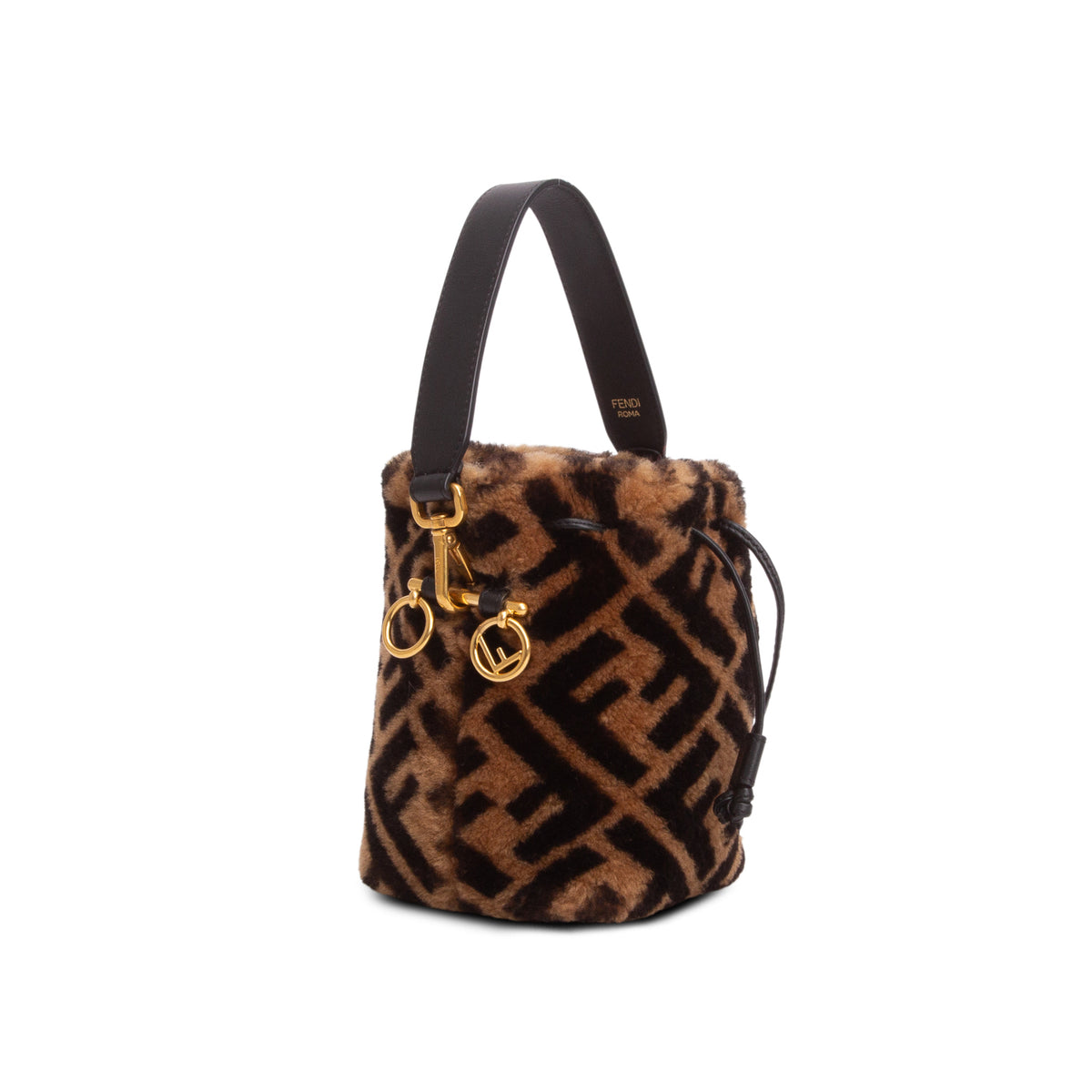 Fendi Brown Shearling Vitello Dolce F is Fendi Macro FF 1974 Mini Mon Tresor Bucket Bag