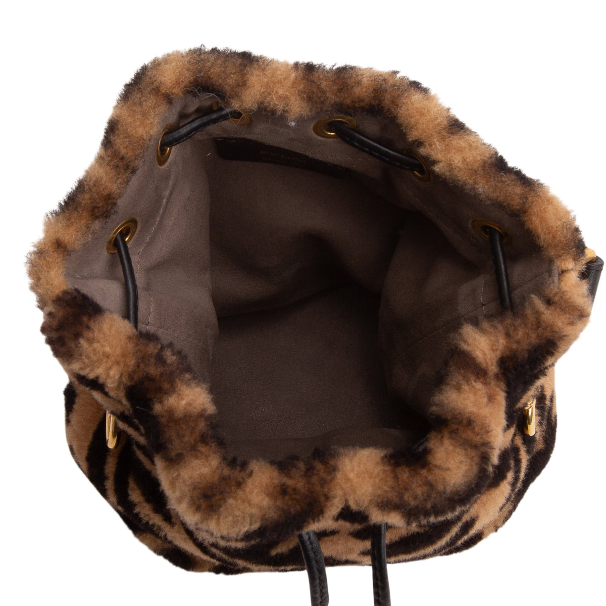 Fendi Brown Shearling Vitello Dolce F is Fendi Macro FF 1974 Mini Mon Tresor Bucket Bag