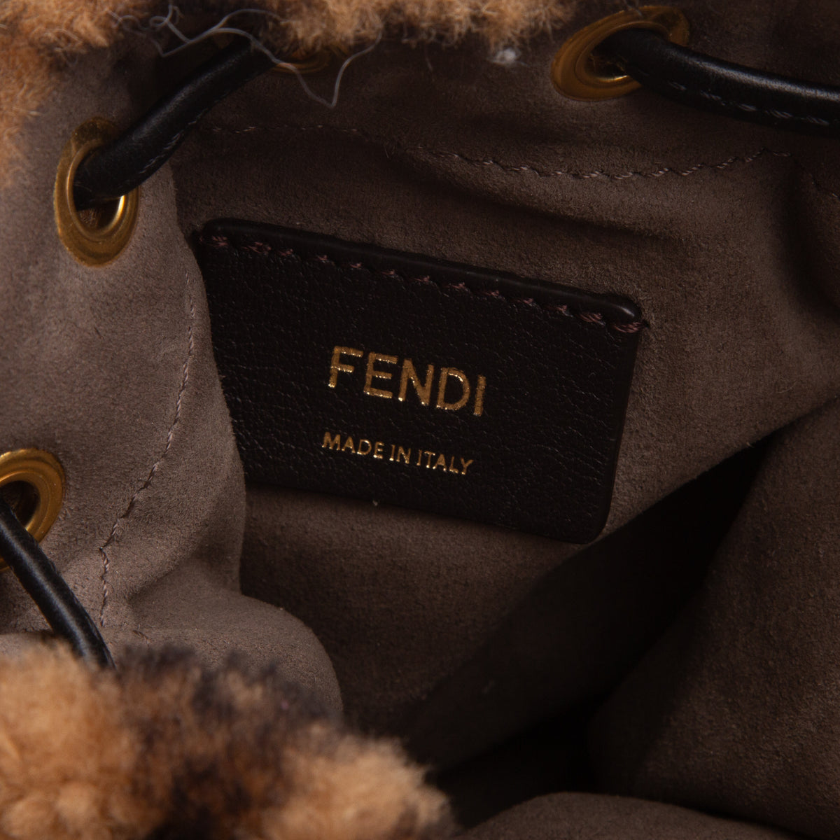 Fendi Brown Shearling Vitello Dolce F is Fendi Macro FF 1974 Mini Mon Tresor Bucket Bag