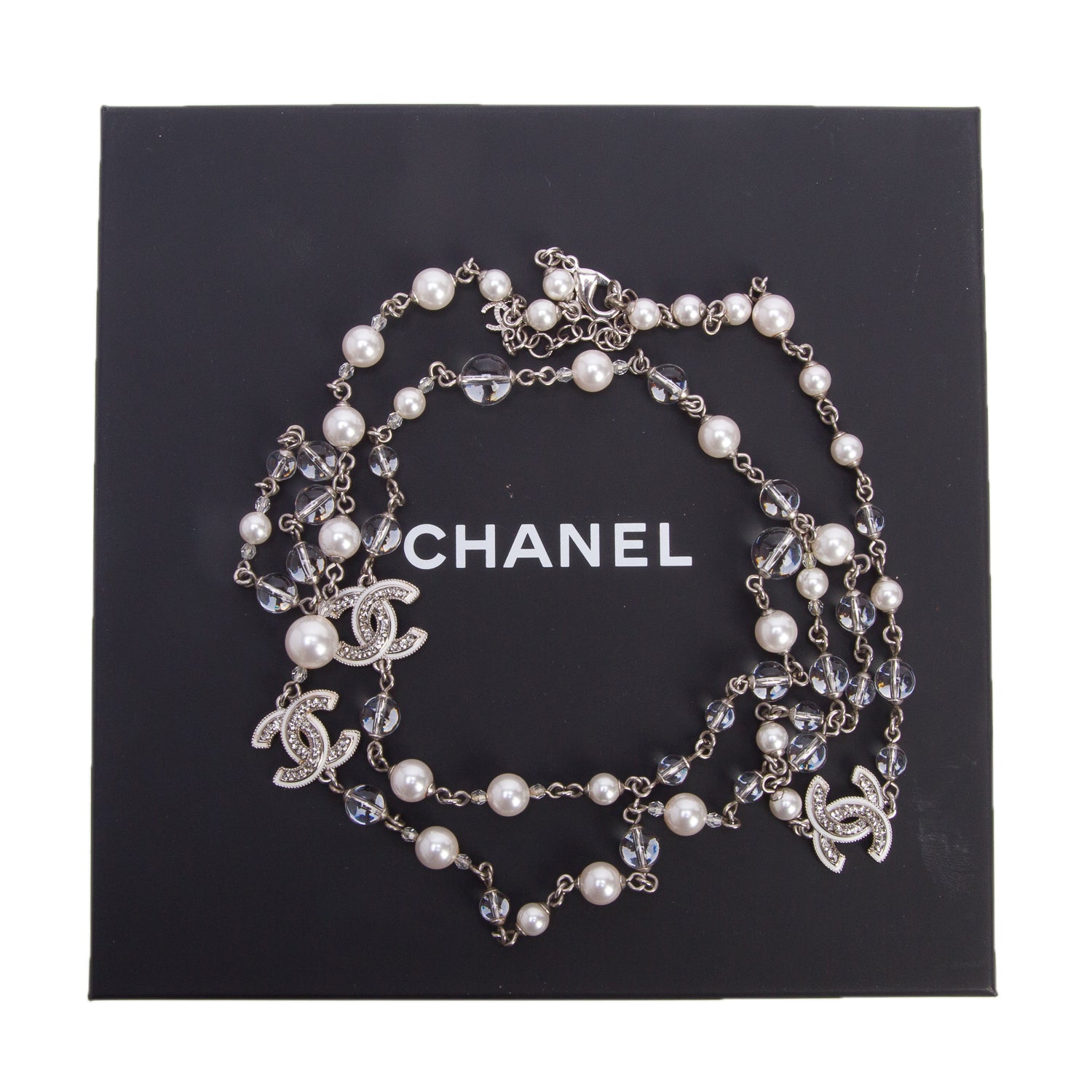 Chanel 2025 Palladium-Plated Faux Pearl & Resin Bead CC Long Station Necklace w/ Box