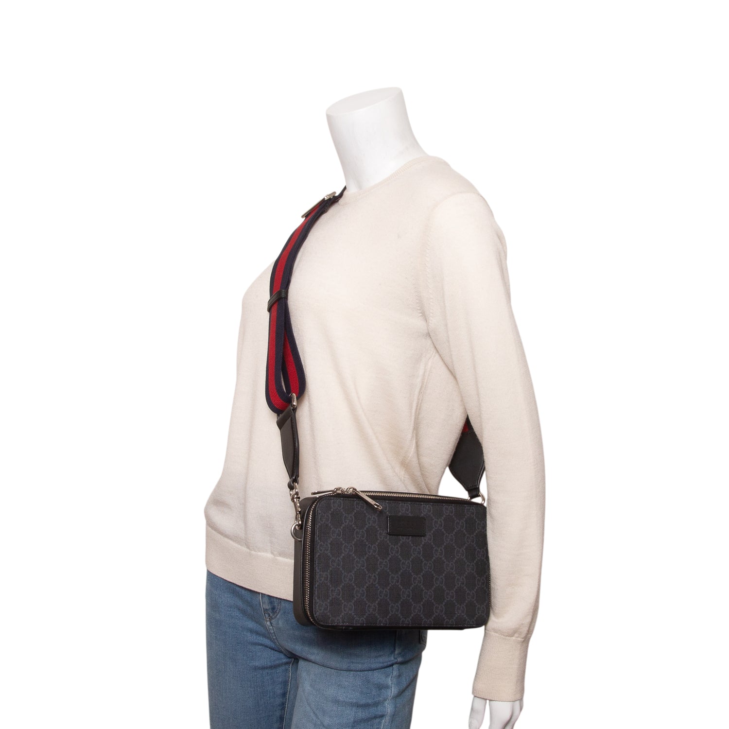 Gucci Black GG Supreme Monogram Calfskin Web Medium Messenger Bag