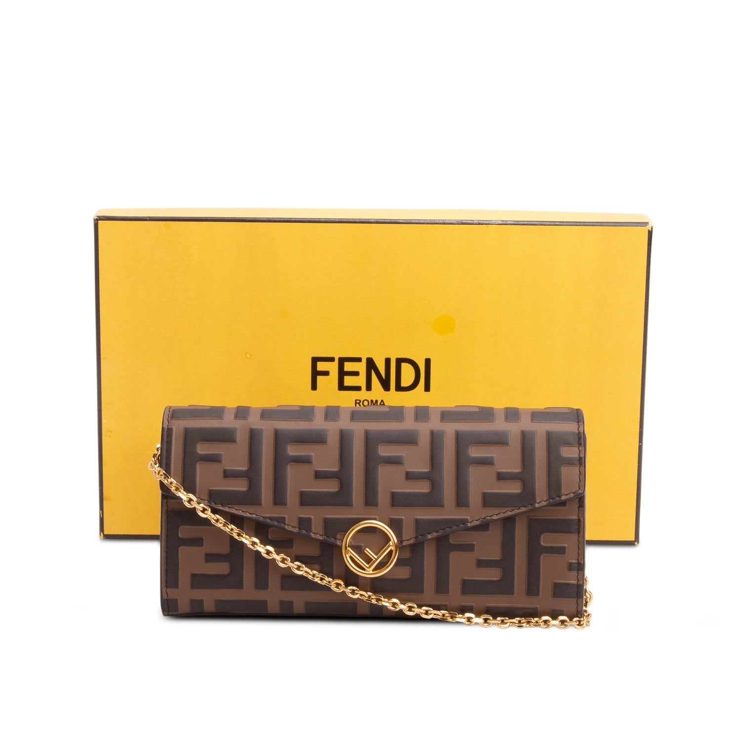 Fendi 2021 Brown FF Zucca Embossed Leather Continental Wallet on Chain w/ Box