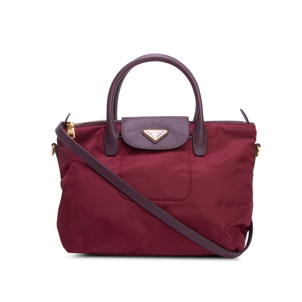Prada Burgundy Nylon Tessuto Saffiano Leather Shopping Tote w/ Strap