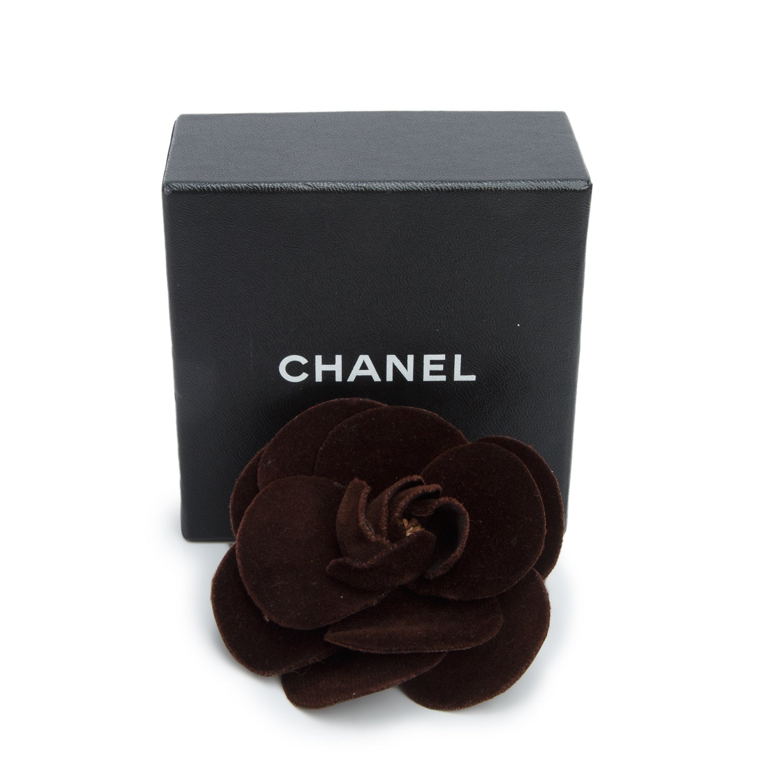 Chanel Vintage Brown Velvet Camellia Pin Brooch w/ Box
