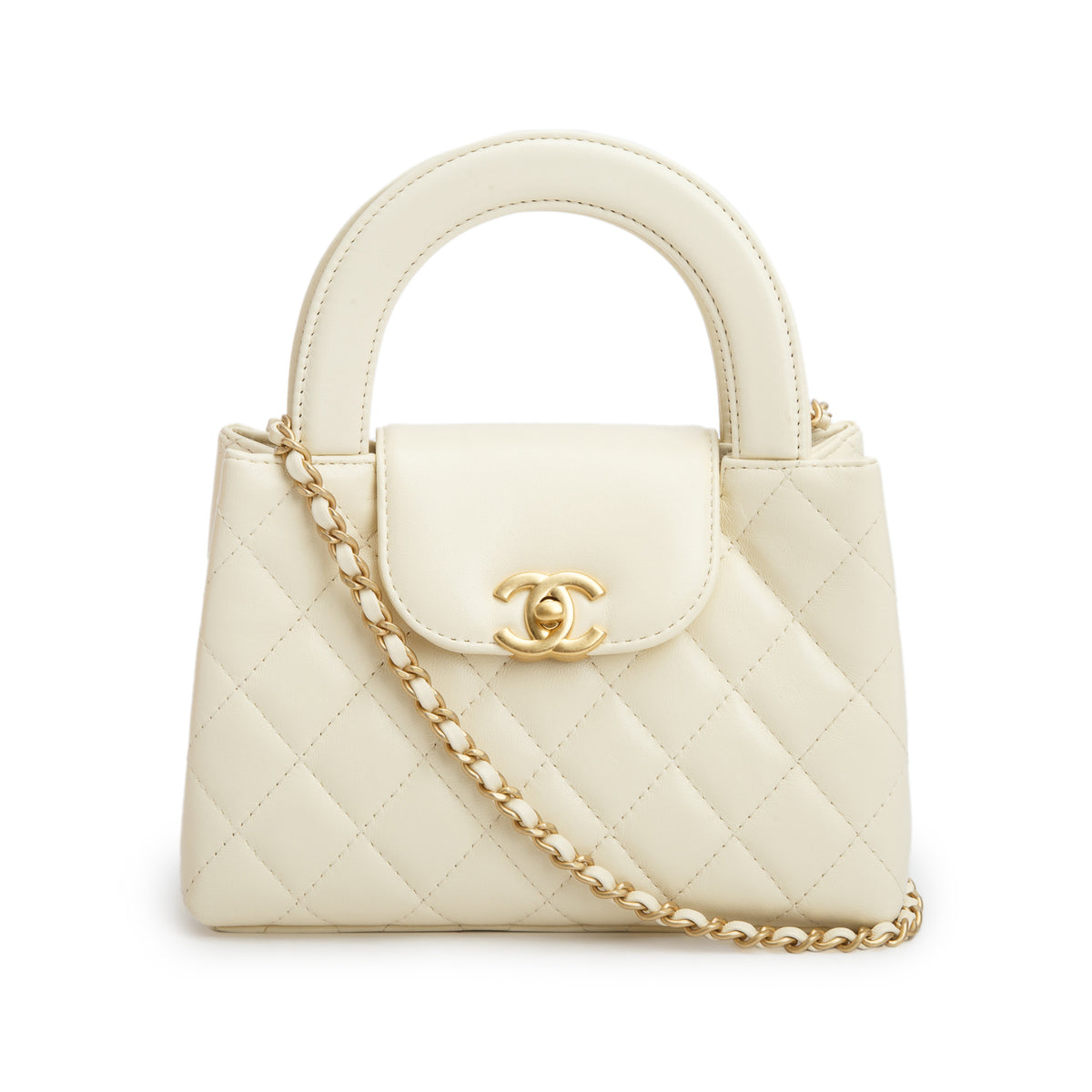 Chanel Cream Shiny Aged Calfskin Quilted Nano Kelly Shopper