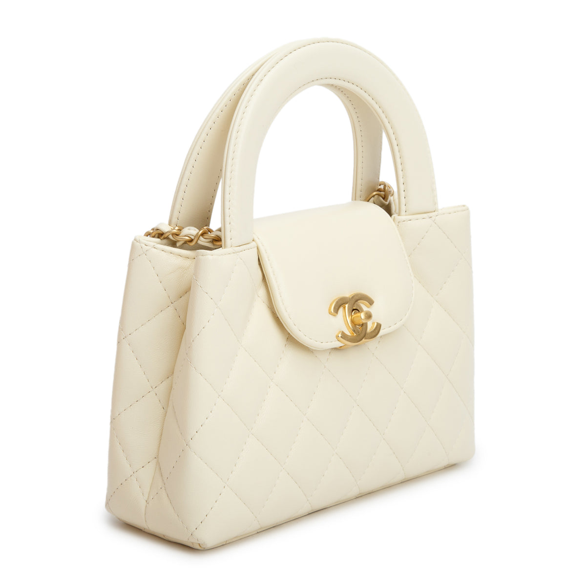 Chanel Cream Shiny Aged Calfskin Quilted Nano Kelly Shopper