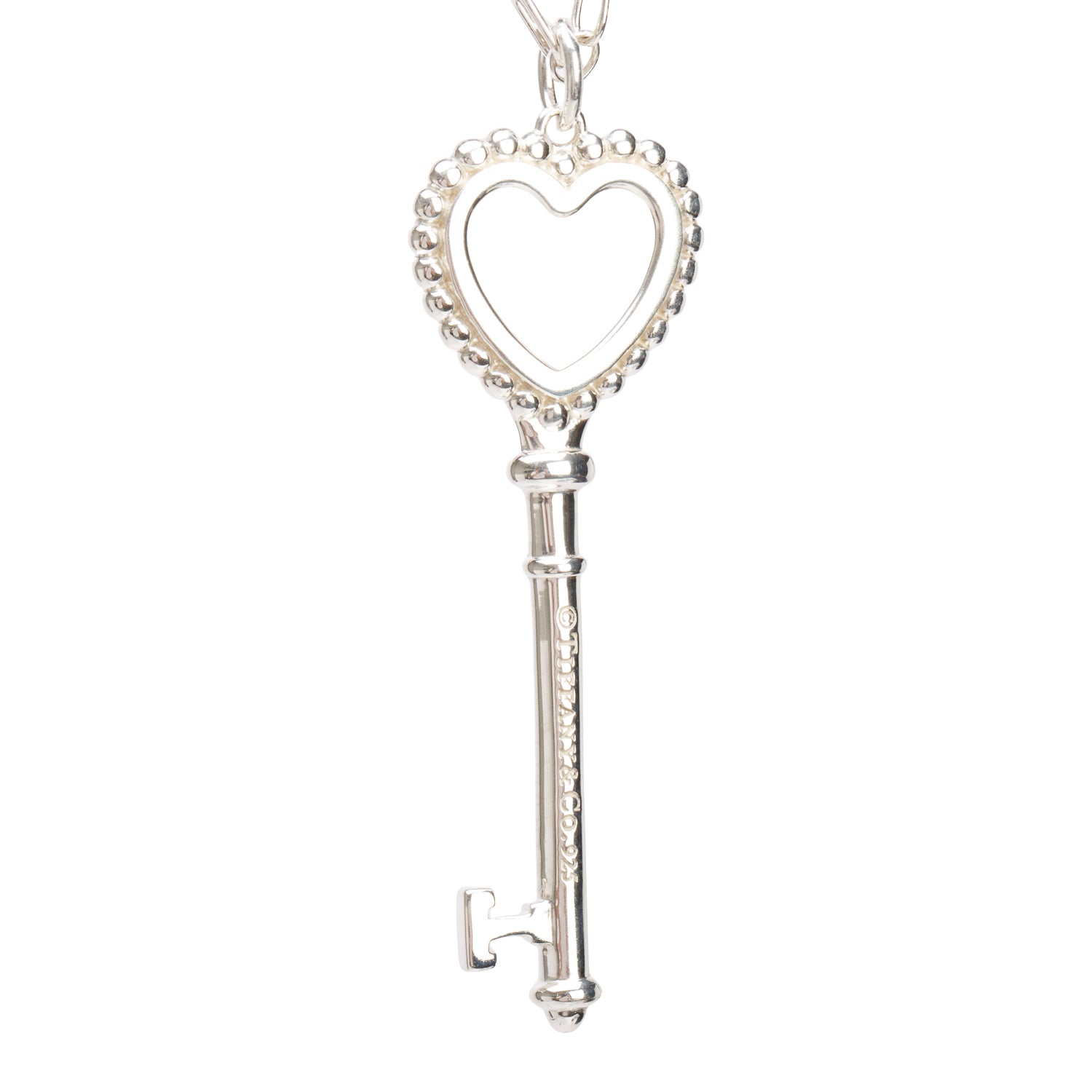 Tiffany & Co. Sterling Silver Blue Enamel Beaded Large Heart Key Pendant Necklace