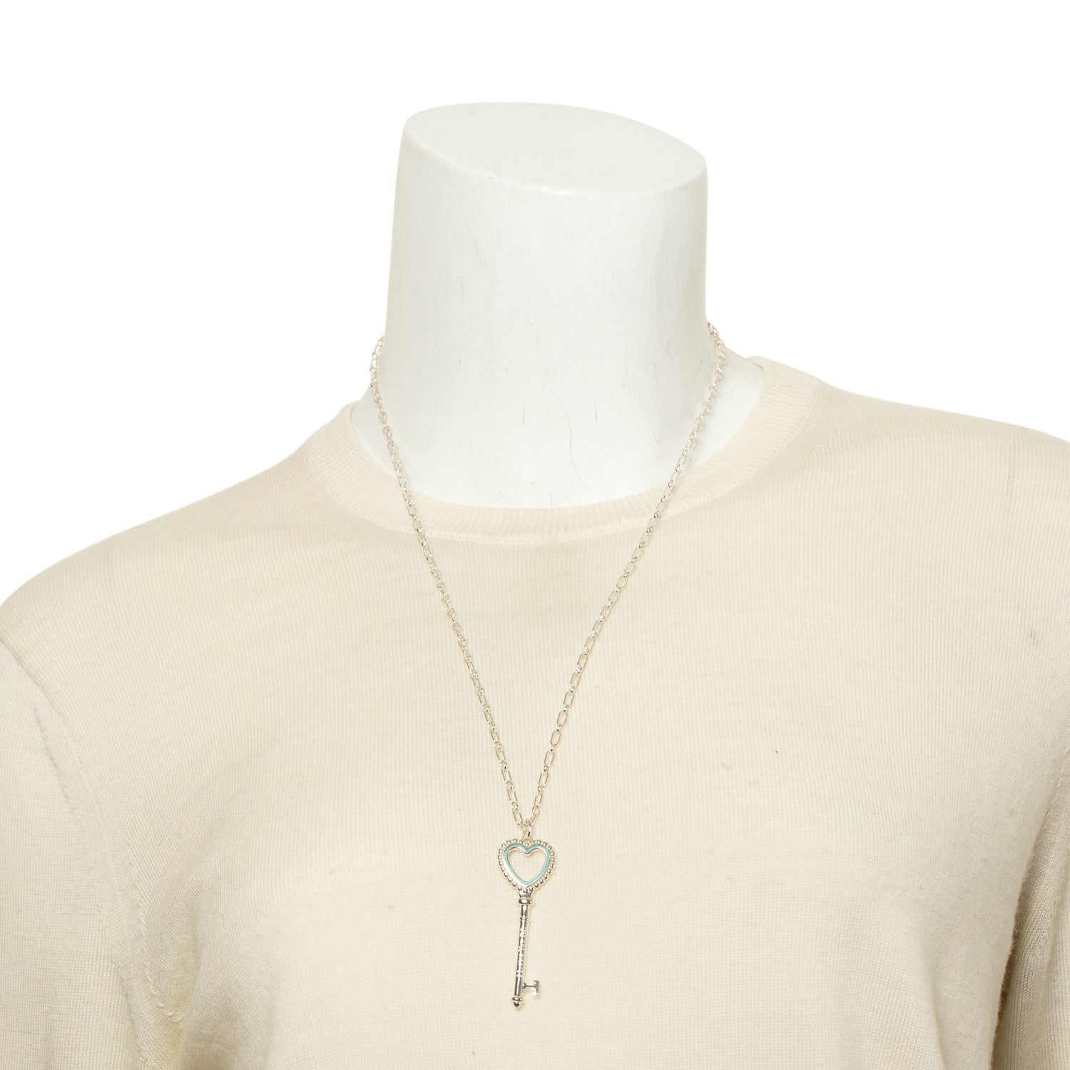 Tiffany & Co. Sterling Silver Blue Enamel Beaded Large Heart Key Pendant Necklace