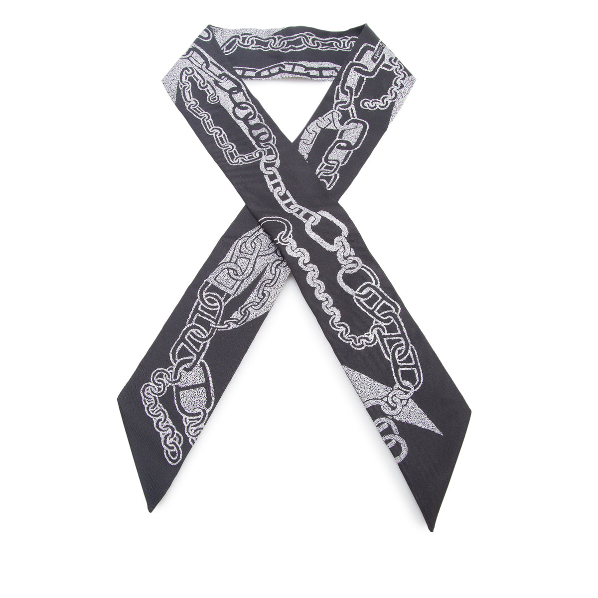 Hermes Black & White 'Boucles et Maillons' Silk Twilly w/ Box
