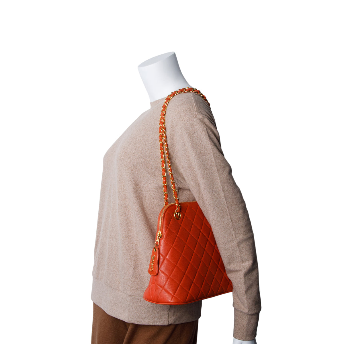 Chanel Vintage Orange Quilted Caviar Leather Dome Shoulder Bag