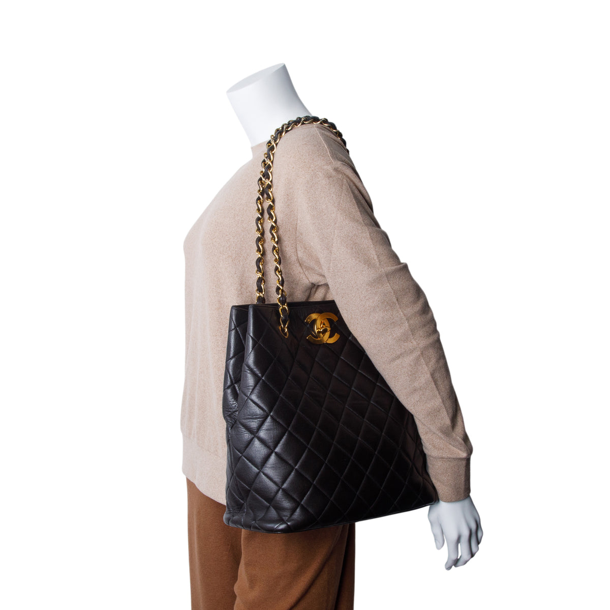 Chanel Vintage Black Quilted Lambskin Leather CC Tote