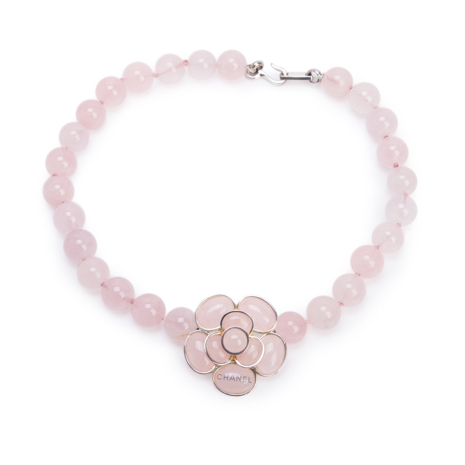 Chanel Palladium Plated Rose Quartz Bead Camellia Flower Choker Necklace