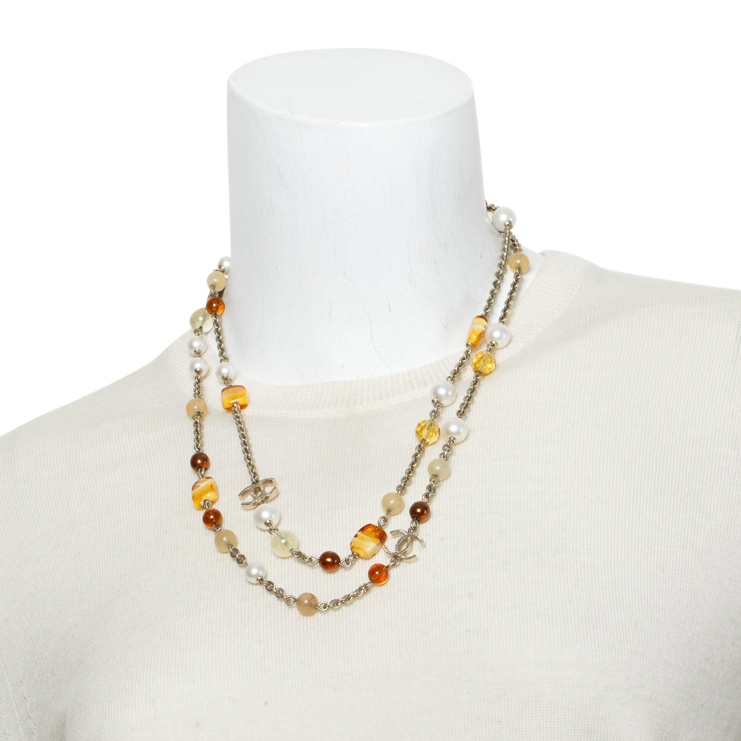 Chanel Gold-Plated Faux Pearl & Resin Bead CC Long Station Necklace