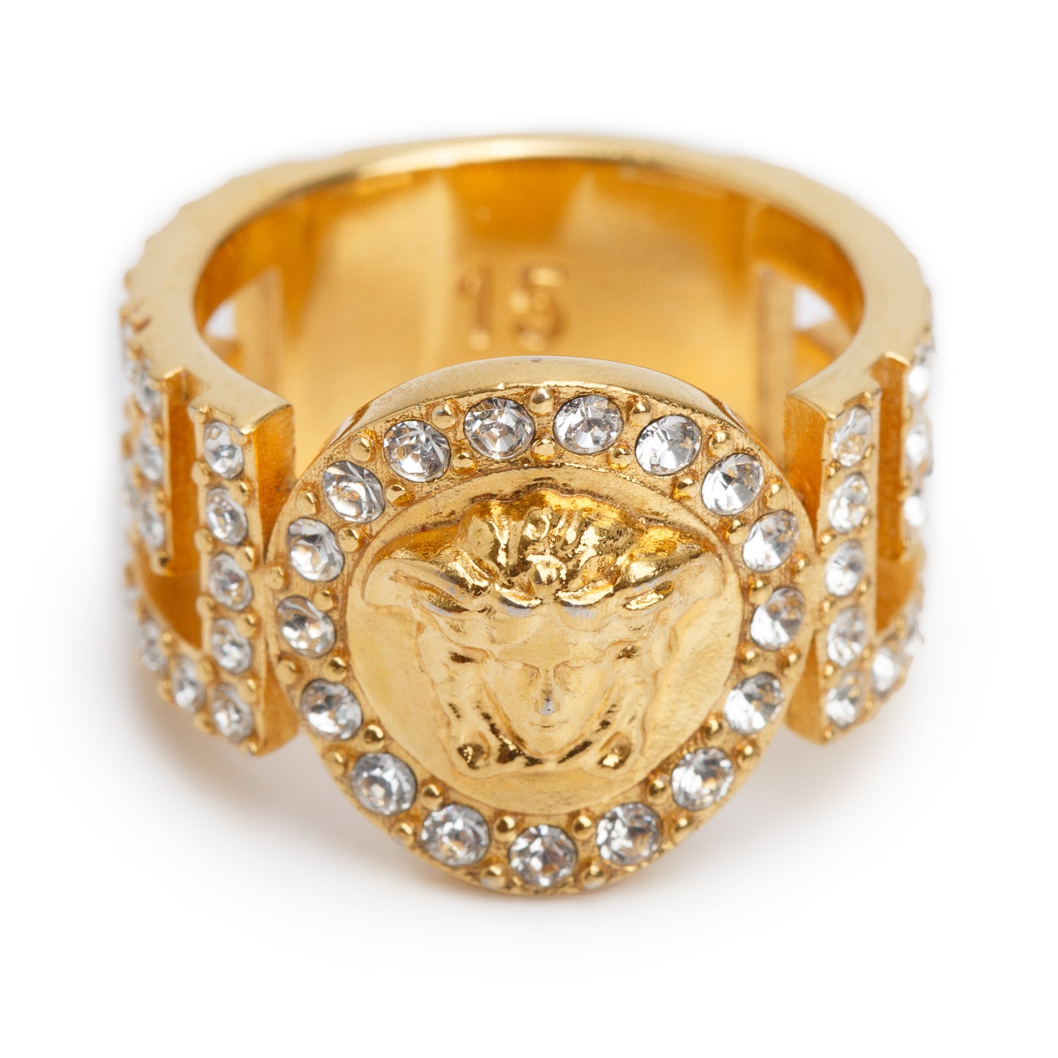 Versace Gold-Plated Crystal Medusa Ring, Size 7