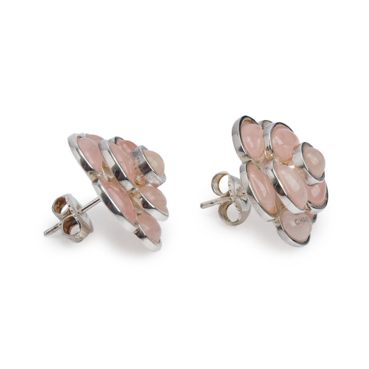 Chanel Palladium Plated Rose Quartz Camellia Flower Earrings