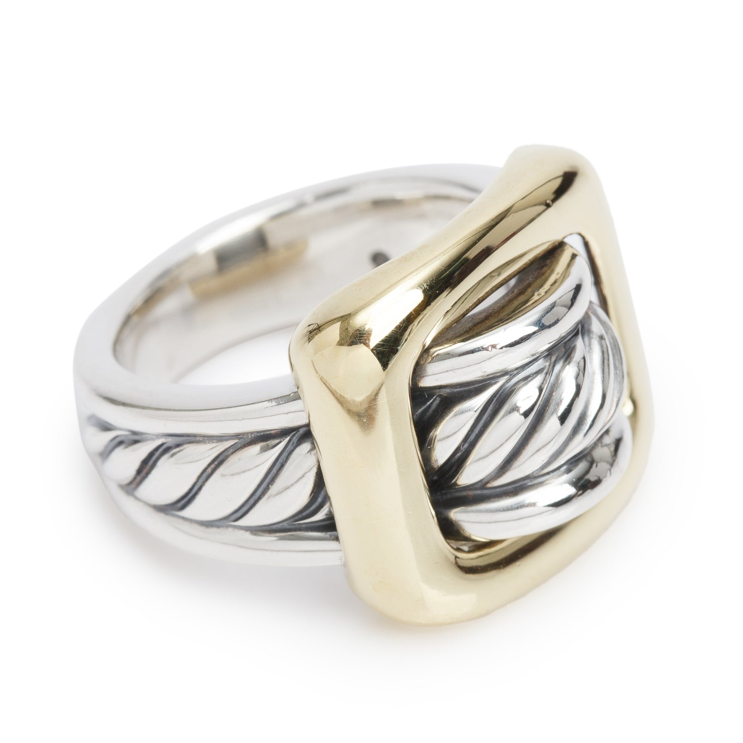 David Yurman Sterling Silver & 18k Yellow Gold Buckle Cable Ring, Size 5.75
