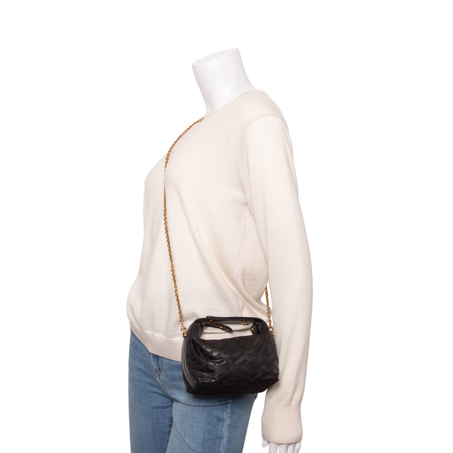 Versace Black Metallic Canvas La Greca Signature Mini Bag w/ Chainn