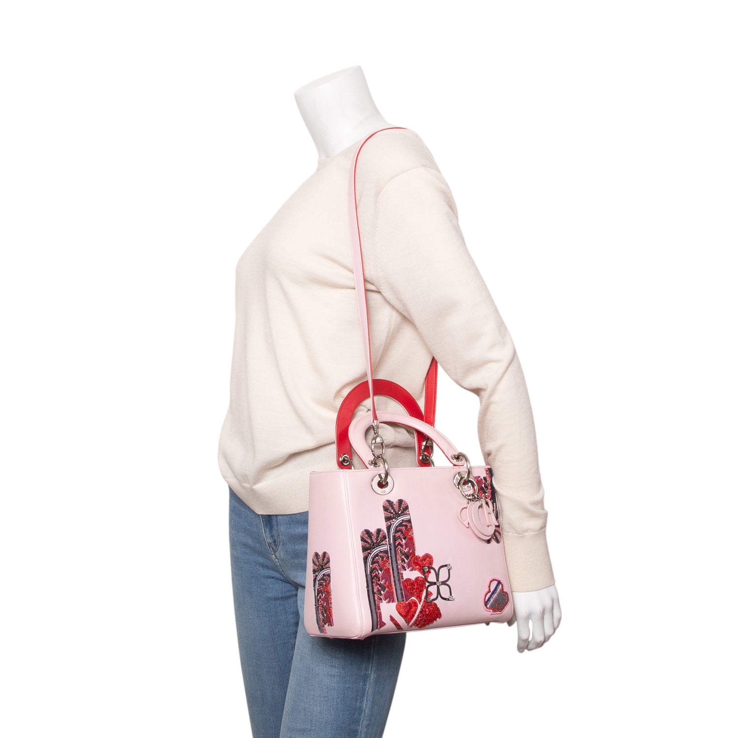 Christian Dior Pink Calfskin Patch Embellished Medium Lady Dior w/ Strap