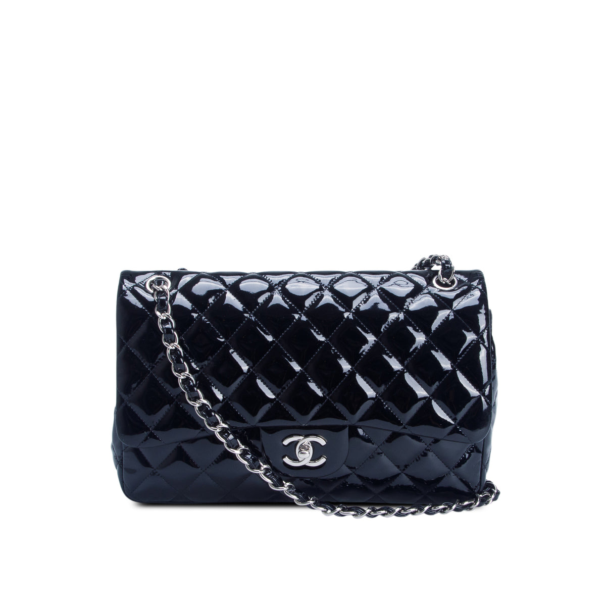 Chanel Black Quilted Patent Leather Classic Jumbo Double Flap Bag